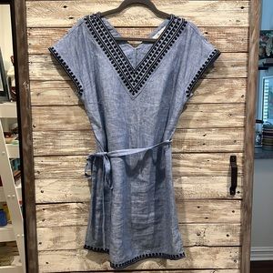 Boden 100% linen dress, denim colored fabric with navy trim/details, size 4